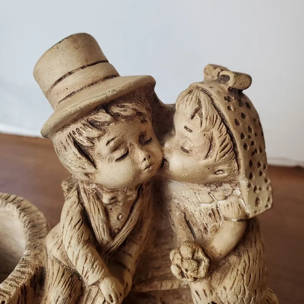 Ricardo Vintage Wood Carving Votive Candle Holder Fancy Couple Kissing On Bench